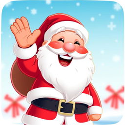 A cheerful, cartoony Santa Claus happily waving his hand