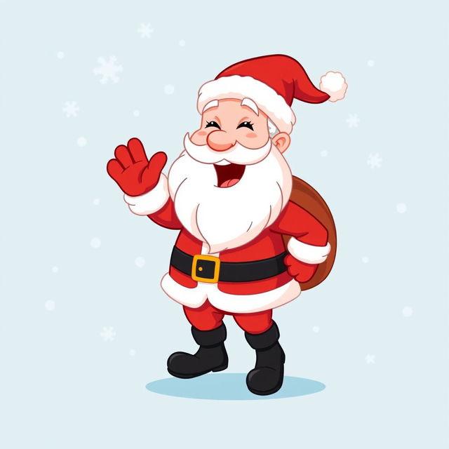 A cheerful, cartoony Santa Claus happily waving his hand