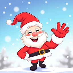 A cheerful, cartoony Santa Claus happily waving his hand