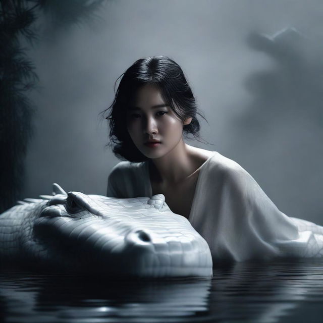 A hyper-realistic image captures an incredibly beautiful Korean girl and a rampaging giant white crocodile, both engulfed in a foggy, dark setting