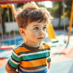 A young boy looking to the right, his facial expression curious and playful