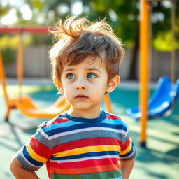 A young boy looking to the right, his facial expression curious and playful
