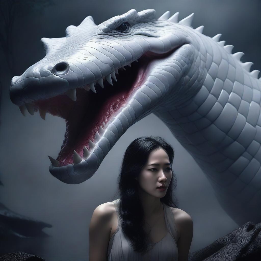 This is a hyper-realistic image featuring an incredibly beautiful Korean woman and a rampaging giant white crocodile, both encompassed in a foggy, dark setting