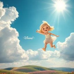 A whimsical scene of a blonde child joyfully wandering in a bright blue sky filled with fluffy white clouds