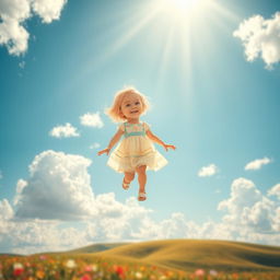 A whimsical scene of a blonde child joyfully wandering in a bright blue sky filled with fluffy white clouds