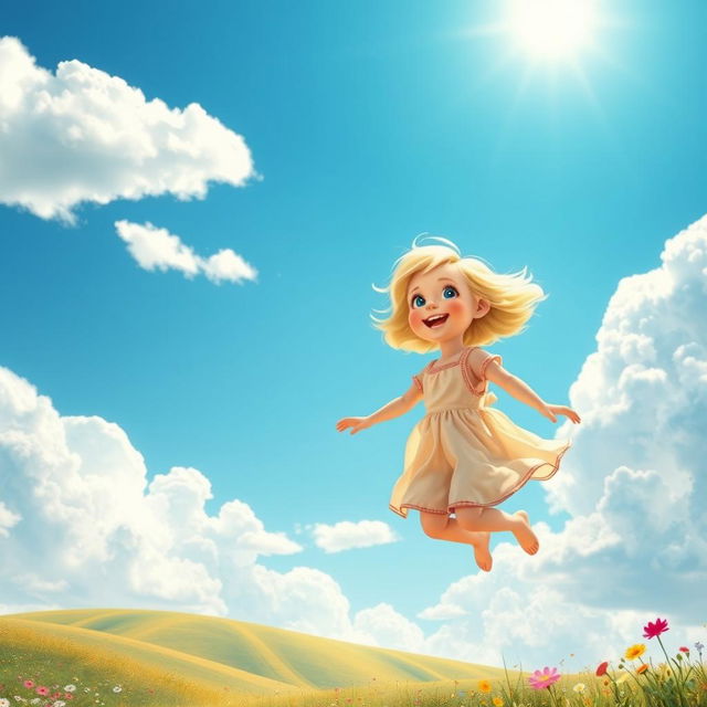 A whimsical scene of a blonde child joyfully wandering in a bright blue sky filled with fluffy white clouds