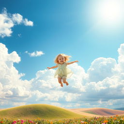 A whimsical scene of a blonde child joyfully wandering in a bright blue sky filled with fluffy white clouds