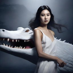 This is a hyper-realistic image featuring an incredibly beautiful Korean woman and a rampaging giant white crocodile, both encompassed in a foggy, dark setting