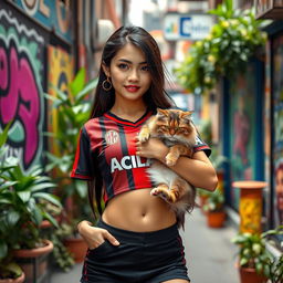 A stylish Asian girl with a mix of Indonesian and Japanese heritage, wearing a trendy mini short skirt and an AC Milan crop top jersey, confidently showcasing her belly button piercing