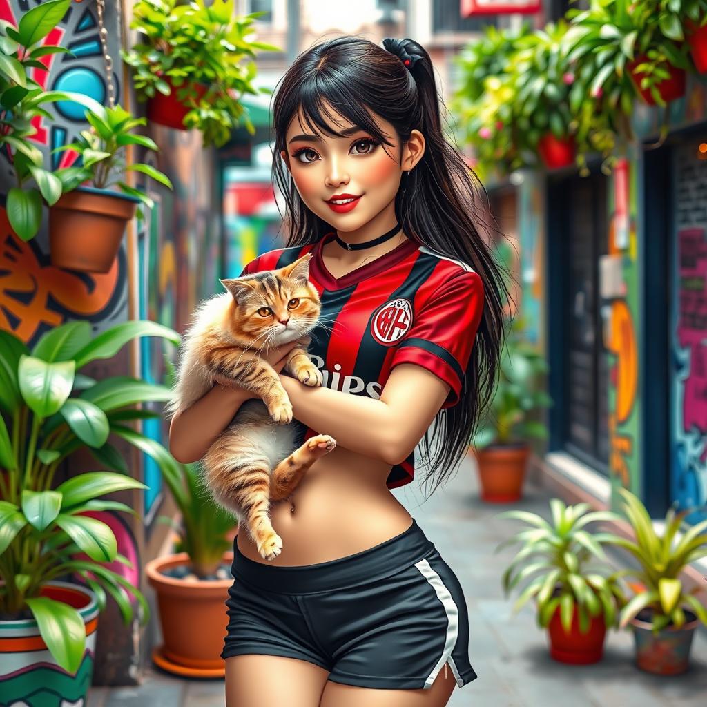 A stylish Asian girl with a mix of Indonesian and Japanese heritage, wearing a trendy mini short skirt and an AC Milan crop top jersey, confidently showcasing her belly button piercing