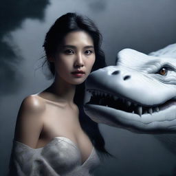 This is a hyper-realistic image featuring an incredibly beautiful Korean woman and a rampaging giant white crocodile, both encompassed in a foggy, dark setting