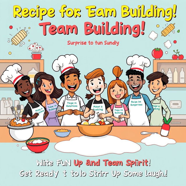 A playful and colorful poster titled 'Recipe for Team Building!' showcasing a whimsical cooking and baking theme