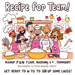 A playful and colorful poster titled 'Recipe for Team Building!' showcasing a whimsical cooking and baking theme