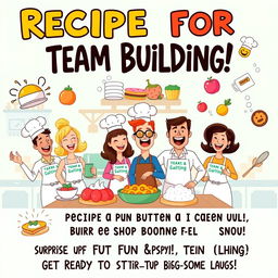 A playful and colorful poster titled 'Recipe for Team Building!' showcasing a whimsical cooking and baking theme