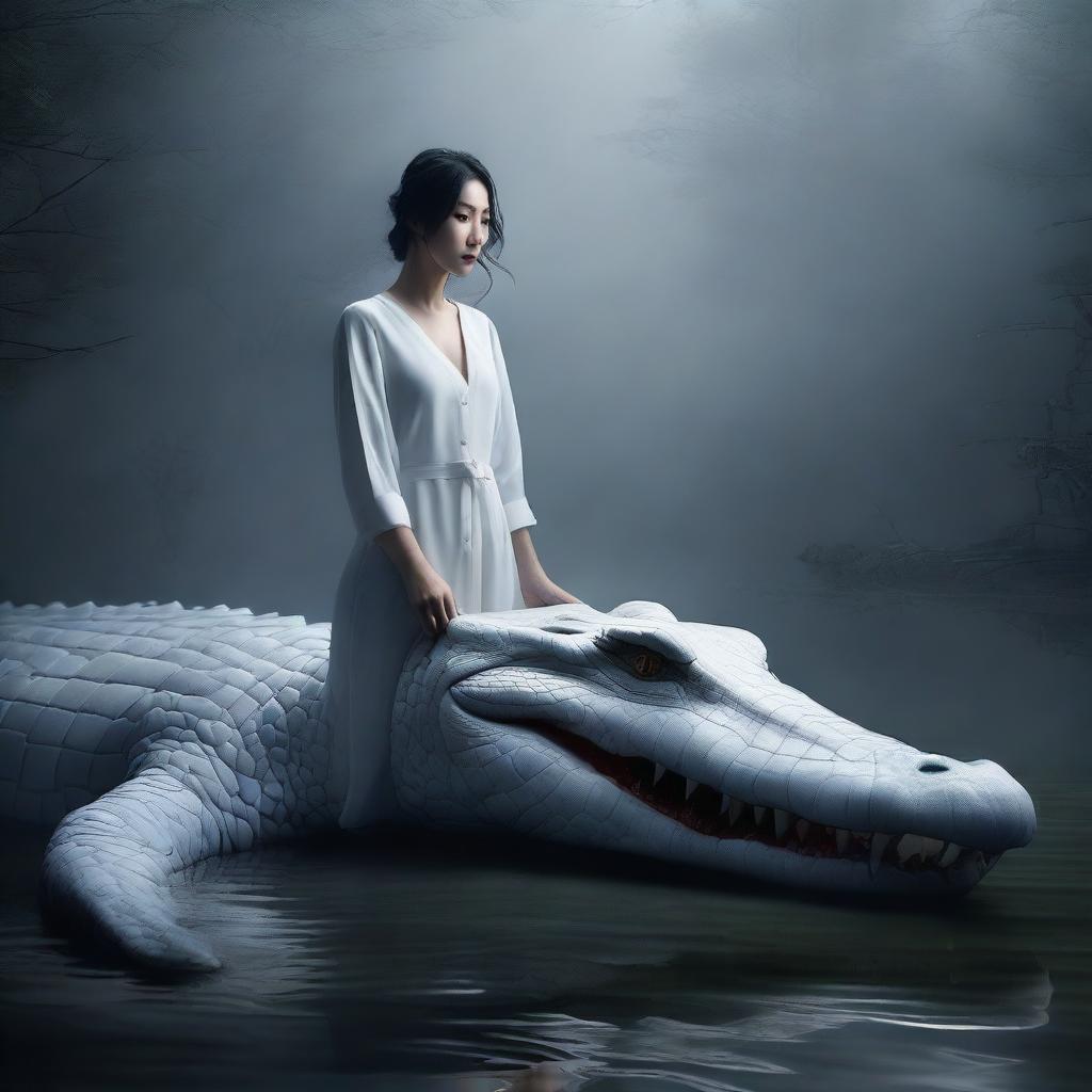 This is a hyper-realistic image featuring an incredibly beautiful Korean woman and a rampaging giant white crocodile, both encompassed in a foggy, dark setting