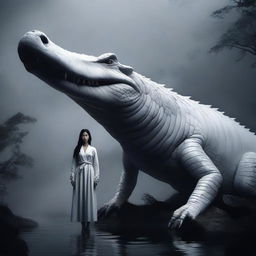 In this hyper-realistic image, an incredibly beautiful Korean woman stands beside a rampaging giant white crocodile, both set in a foggy, dark environment