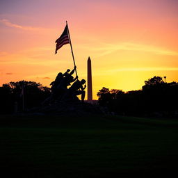 A captivating dawn scene featuring the Iwo Jima Memorial perfectly aligned with the Washington Monument in the background