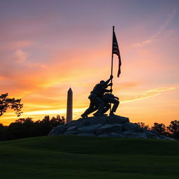A captivating dawn scene featuring the Iwo Jima Memorial perfectly aligned with the Washington Monument in the background