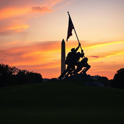 A captivating dawn scene featuring the Iwo Jima Memorial perfectly aligned with the Washington Monument in the background