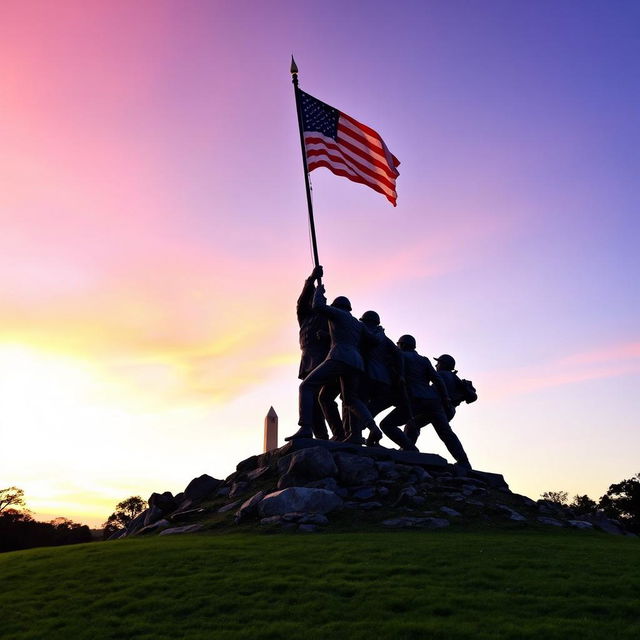 A captivating dawn scene featuring the Iwo Jima Memorial perfectly aligned with the Washington Monument in the background