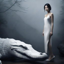 In this hyper-realistic image, an incredibly beautiful Korean woman stands beside a rampaging giant white crocodile, both set in a foggy, dark environment