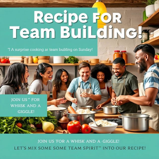 A realistic and inviting poster titled 'Recipe for Team Building!' showcasing a lively kitchen scene that depicts team members of diverse backgrounds cooking and baking together