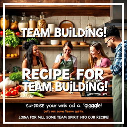 A realistic and inviting poster titled 'Recipe for Team Building!' showcasing a lively kitchen scene that depicts team members of diverse backgrounds cooking and baking together