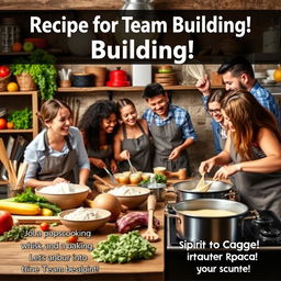 A realistic and inviting poster titled 'Recipe for Team Building!' showcasing a lively kitchen scene that depicts team members of diverse backgrounds cooking and baking together