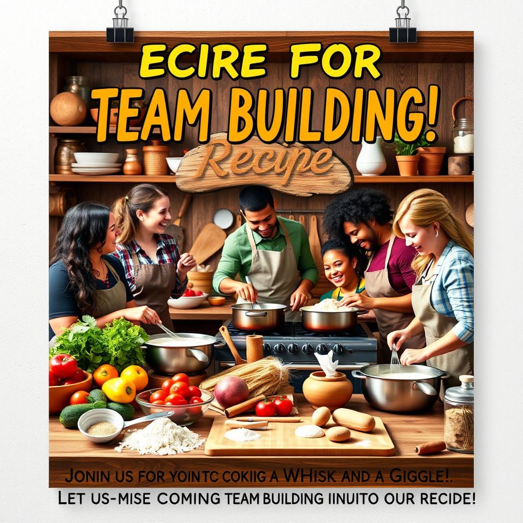 A realistic and inviting poster titled 'Recipe for Team Building!' showcasing a lively kitchen scene that depicts team members of diverse backgrounds cooking and baking together