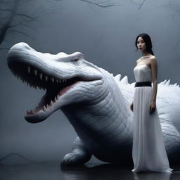 In this hyper-realistic image, an incredibly beautiful Korean woman stands beside a rampaging giant white crocodile, both set in a foggy, dark environment