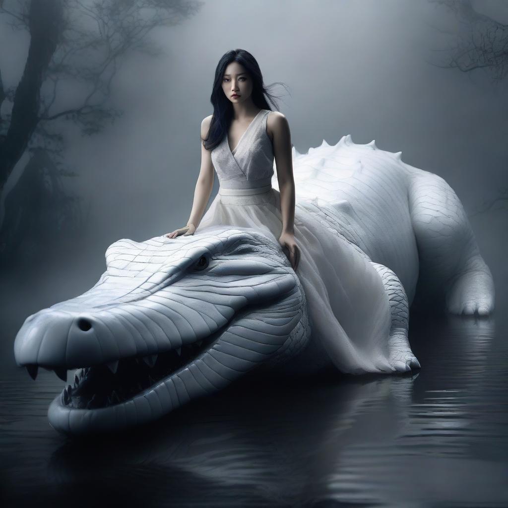 In this hyper-realistic image, an incredibly beautiful Korean woman stands beside a rampaging giant white crocodile, both set in a foggy, dark environment