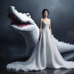 A hyper-realistic image showcases an incredibly beautiful Korean woman in a white gown standing beside a rampaging giant white crocodile, both enveloped in a foggy, dark atmosphere