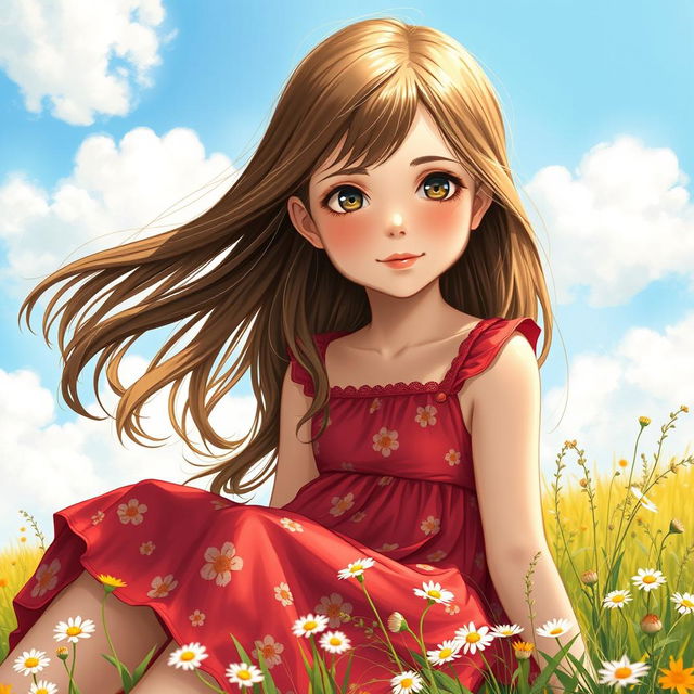 A portrait of a single girl with long, flowing brown hair, wearing a vibrant red sundress adorned with floral patterns
