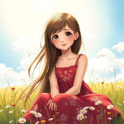 A portrait of a single girl with long, flowing brown hair, wearing a vibrant red sundress adorned with floral patterns
