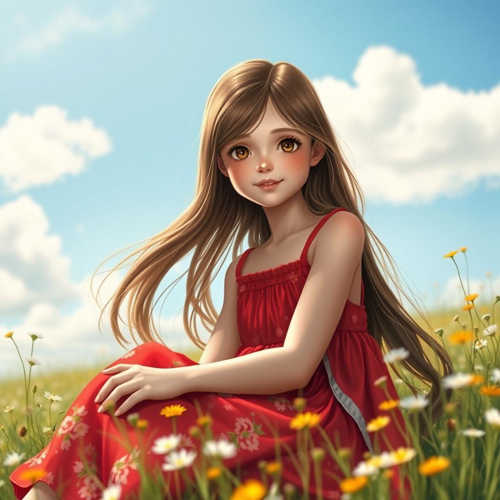 A portrait of a single girl with long, flowing brown hair, wearing a vibrant red sundress adorned with floral patterns