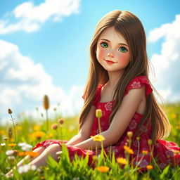 A portrait of a single girl with long, flowing brown hair, wearing a vibrant red sundress adorned with floral patterns