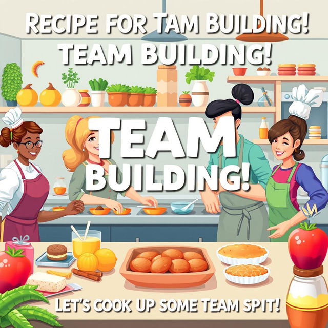 A vibrant and eye-catching flyer titled 'Recipe for Team Building!' showcasing a lively kitchen atmosphere with realistic illustrations of diverse team members engaged in cooking and baking