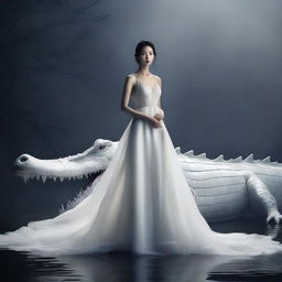 A hyper-realistic image showcases an incredibly beautiful Korean woman in a white gown standing beside a rampaging giant white crocodile, both enveloped in a foggy, dark atmosphere