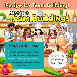 A vibrant and eye-catching flyer titled 'Recipe for Team Building!' showcasing a lively kitchen atmosphere with realistic illustrations of diverse team members engaged in cooking and baking