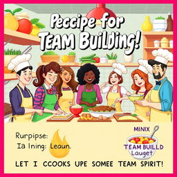 A vibrant and eye-catching flyer titled 'Recipe for Team Building!' showcasing a lively kitchen atmosphere with realistic illustrations of diverse team members engaged in cooking and baking