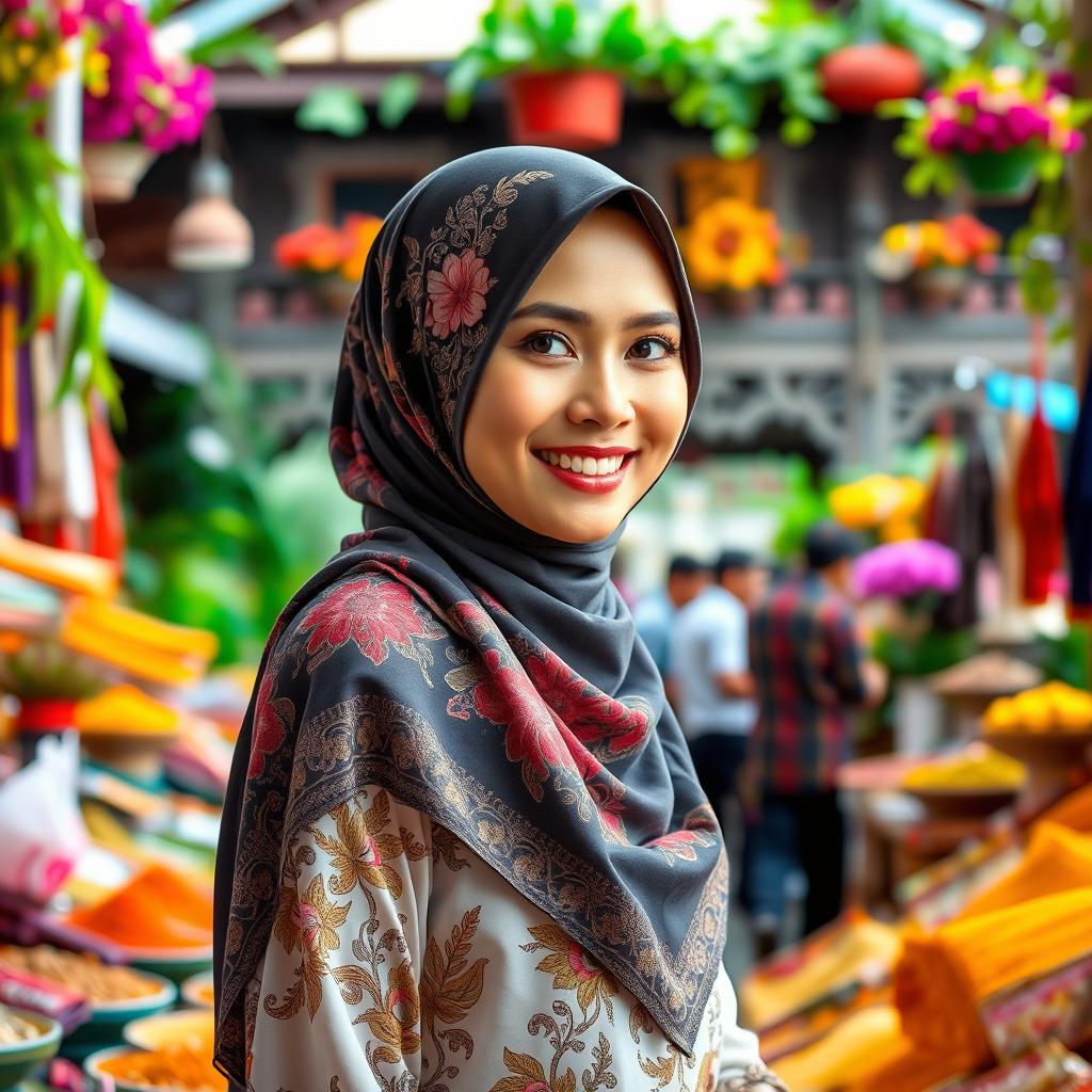 A beautiful Indonesian woman wearing a stylish hijab, adorned with intricate patterns and floral designs, standing in a vibrant market surrounded by colorful textiles and spices