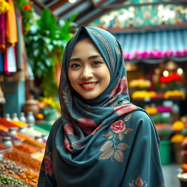A beautiful Indonesian woman wearing a stylish hijab, adorned with intricate patterns and floral designs, standing in a vibrant market surrounded by colorful textiles and spices