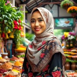 A beautiful Indonesian woman wearing a stylish hijab, adorned with intricate patterns and floral designs, standing in a vibrant market surrounded by colorful textiles and spices