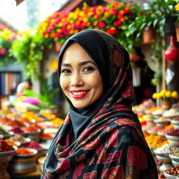 A beautiful Indonesian woman wearing a stylish hijab, adorned with intricate patterns and floral designs, standing in a vibrant market surrounded by colorful textiles and spices