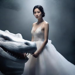 A hyper-realistic image showcases an incredibly beautiful Korean woman in a white gown standing beside a rampaging giant white crocodile, both enveloped in a foggy, dark atmosphere