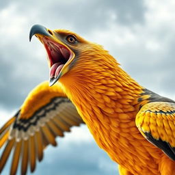 A fierce yellow eagle with an open beak displaying its sharp, powerful features, emphasized with a sense of terror and intensity