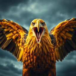 A fierce yellow eagle with an open beak displaying its sharp, powerful features, emphasized with a sense of terror and intensity