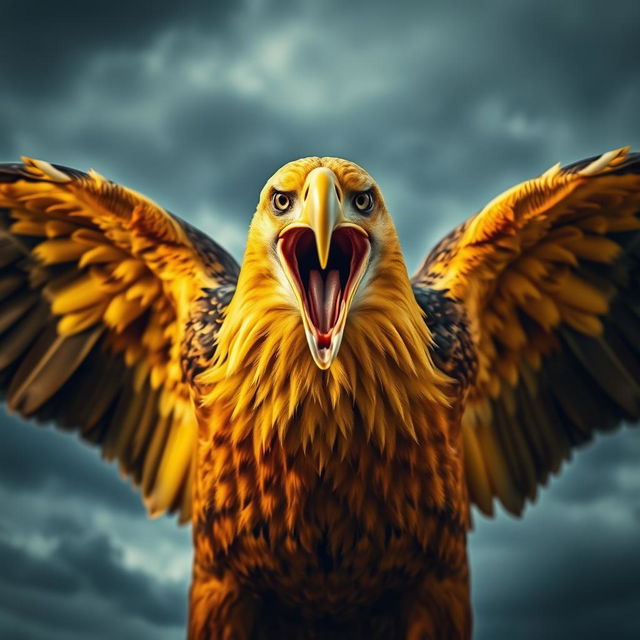A fierce yellow eagle with an open beak displaying its sharp, powerful features, emphasized with a sense of terror and intensity
