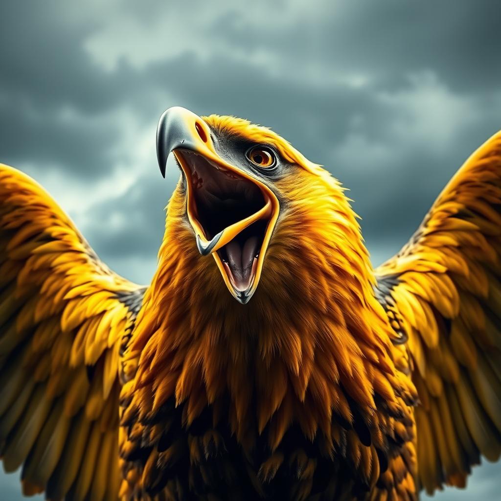A fierce yellow eagle with an open beak displaying its sharp, powerful features, emphasized with a sense of terror and intensity