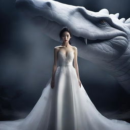 A hyper-realistic image showcases an incredibly beautiful Korean woman in a white gown standing beside a rampaging giant white crocodile, both enveloped in a foggy, dark atmosphere